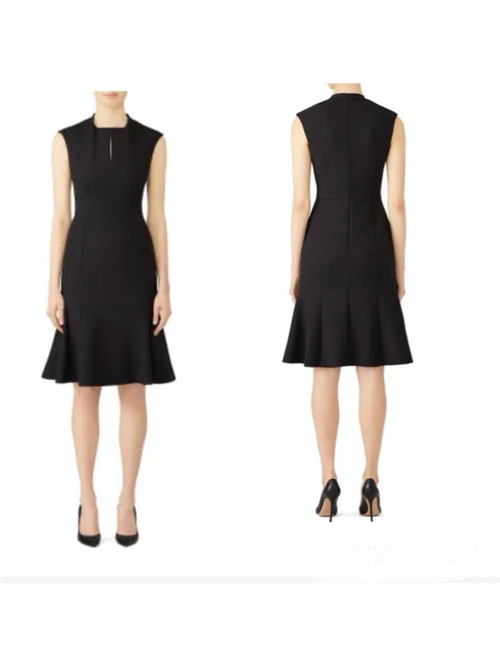 LK Bennett Lou Dress Flared Black Wool Blend Keyhole Square Neck Minimalist UK10